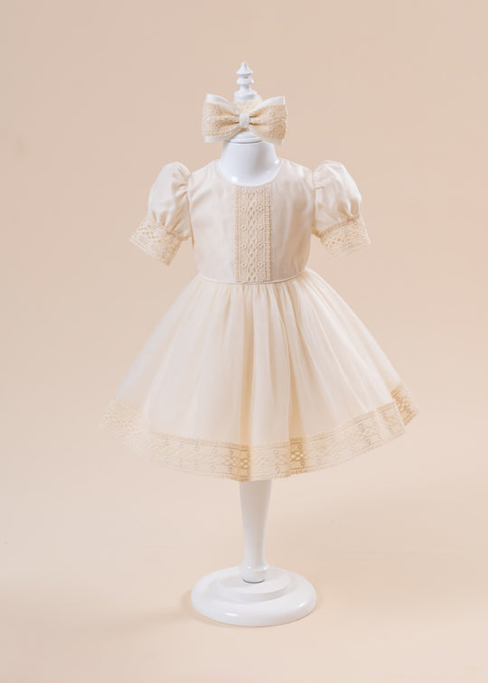 Elegant Medea Cappuccino Taffeta Dress With AnneBebe Lace