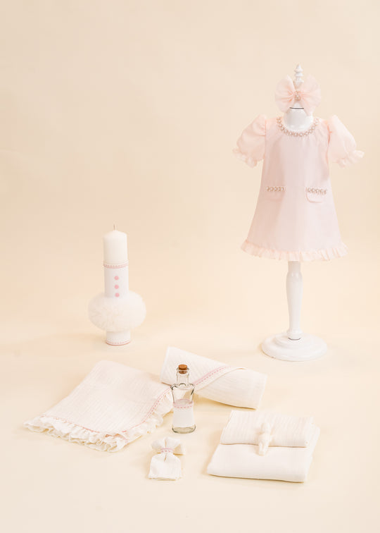 Cosmina Christening Set 3 Pieces, Dress, Christening Layette and Personalized AnneBebe Christening Candle
