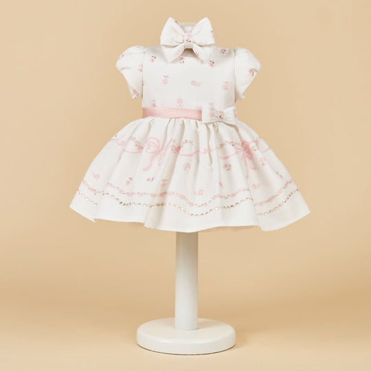 AnneBebe Girls' Elegant Cream Pink Flower Print Dress