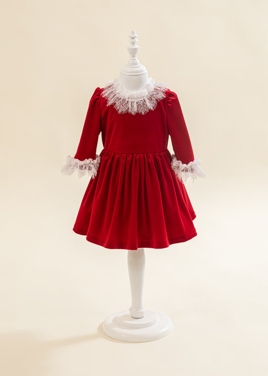 Rochita Catifea Rosie Cu Danteluta La Guler Si Maneca AnneBebe