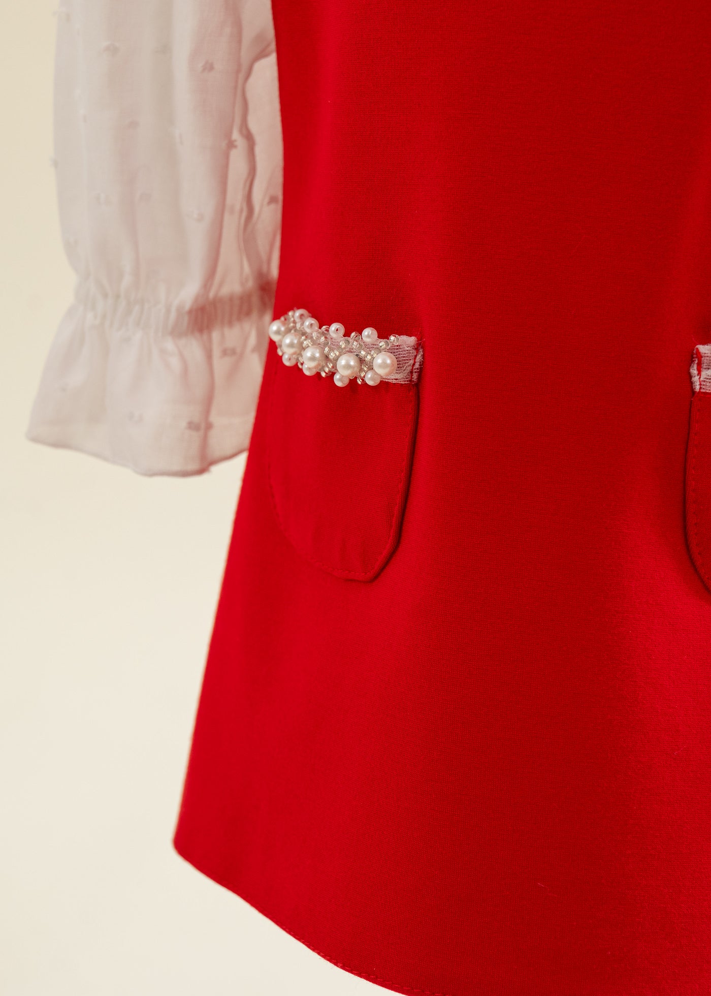 Rochita Rosie Cu Perle La Gat Si Buzunare AnneBebe