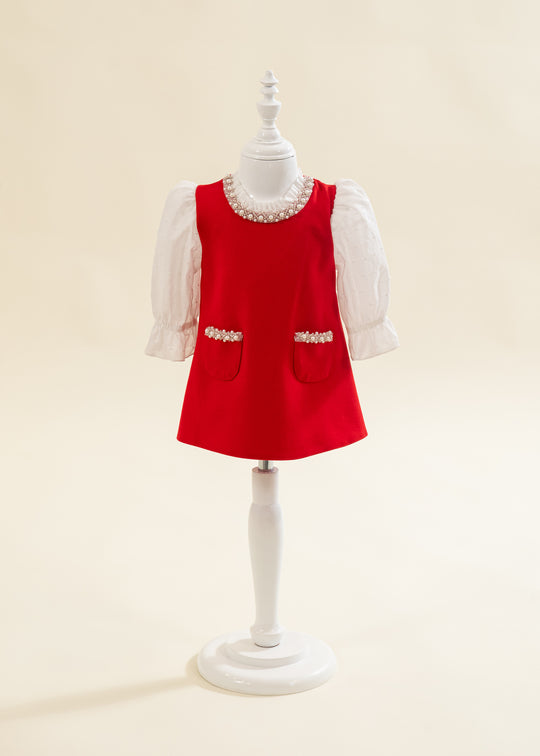 Rochita Rosie Cu Perle La Gat Si Buzunare AnneBebe