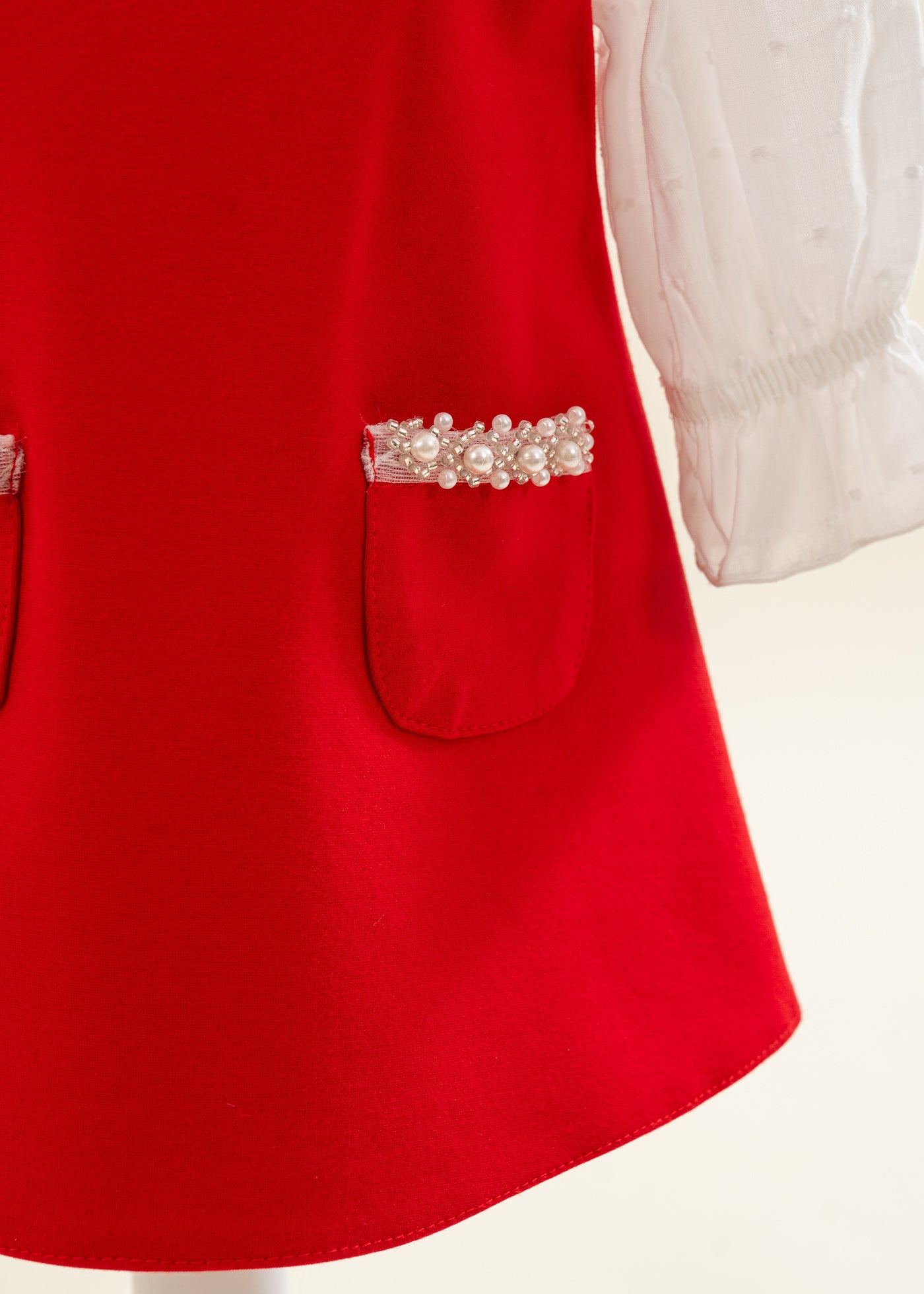 Rochita Rosie Cu Perle La Gat Si Buzunare AnneBebe