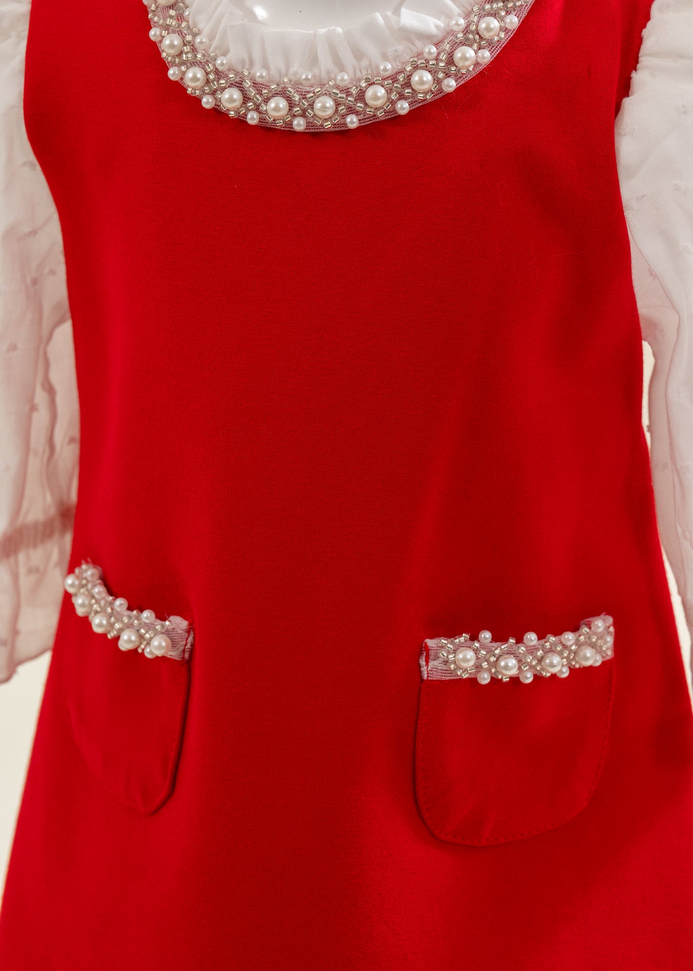 Rochita Rosie Cu Perle La Gat Si Buzunare AnneBebe