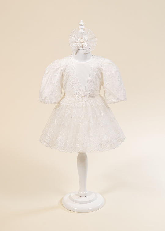 Rochita Alba Bust In V  Cu Dantela Floricele AnneBebe