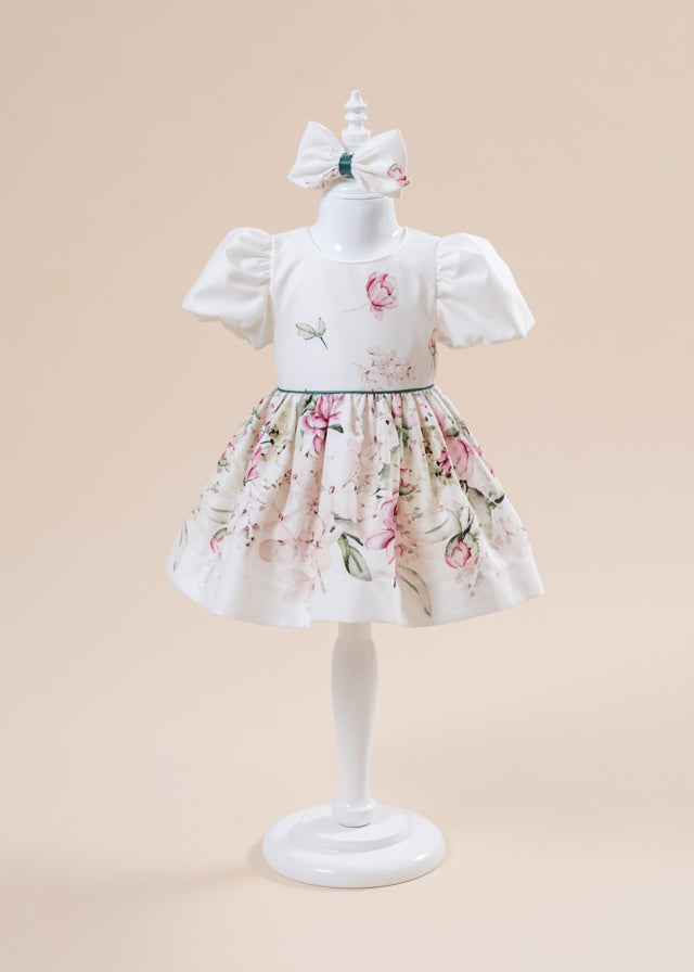 Daria Elegant Dress Cotton Cream With Pink Flowers AnneBebe 