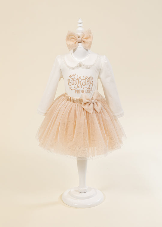 Set Body Brodat Fusta Tutu Capucino Cu Auriu AnneBebe