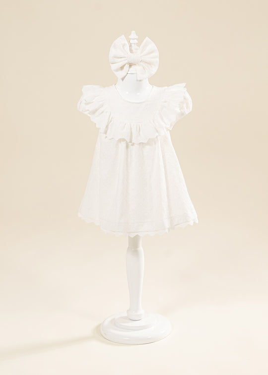 Yolanda Cream Dress with Flower Embroidery, Ruffles at the Neck and Sleeves AnneBebe