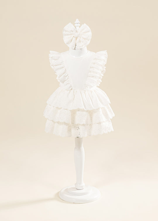 Elegant Zina Cream Dress with Embroidery and Two Ruffles AnneBebe