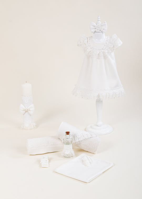 Set Botez Mirela 3 Piese, Rochita, Trusou si Lumanare Personalizat Botez AnneBebe