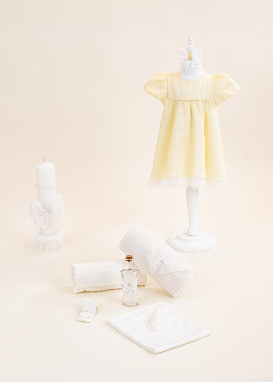 Chantelle Citron Christening Set, 3 Pieces, Dress, Layette and Personalized Christening Candle AnneBebe