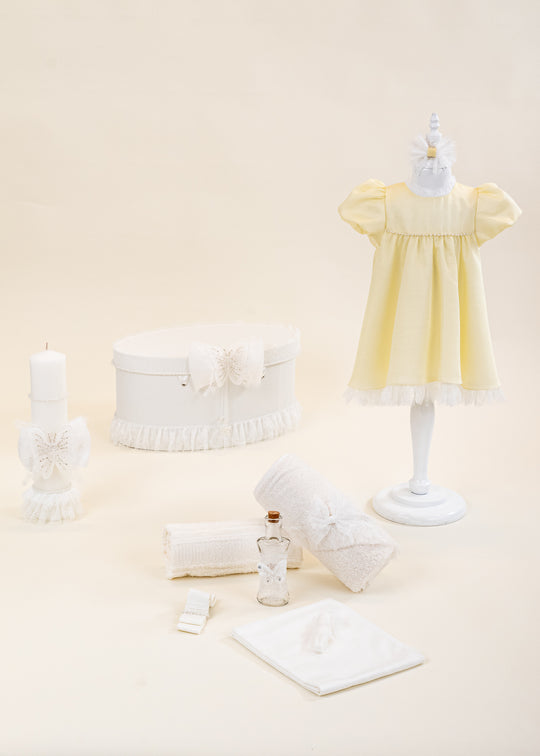 Chantelle Citron Christening Set 4 Pieces, Dress, Christening Layette, Candle and Personalized Christening Box AnneBebe
