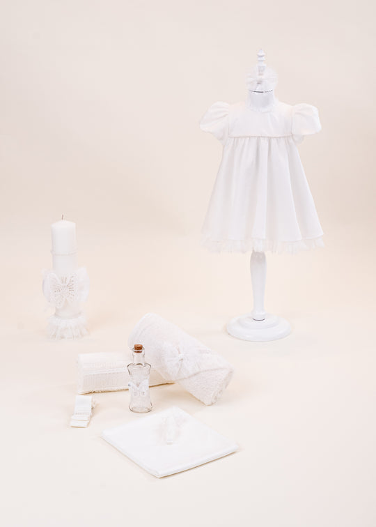 Chantelle Ivory Christening Set 3 Pieces, Dress, Christening Set and Personalized AnneBebe Christening Candle