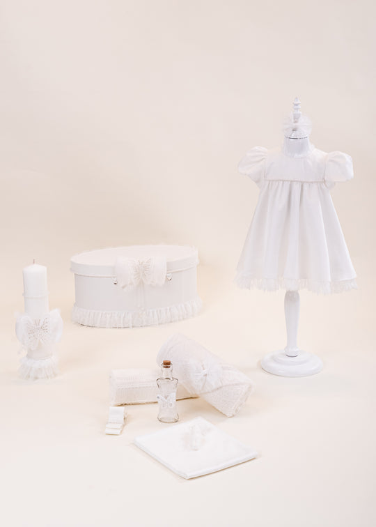 Chantelle Ivory Christening Set 4 Pieces, Dress, Christening Accessories, Candle and Personalized Christening Chest AnneBebe