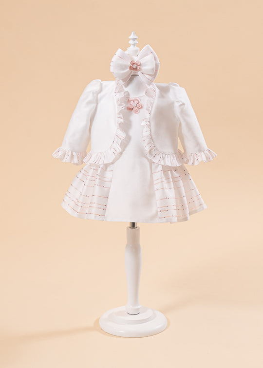 Rochita Tiffany Crem Cu Floricele Si Dungi Fine Cu Paiete Roz AnneBebe