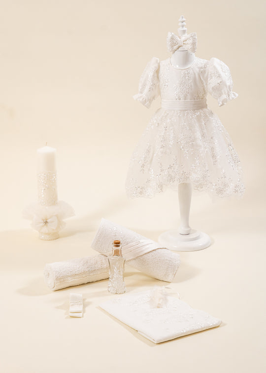 Set Botez Florina 3 Piese Rochie, Trusou si Lumanare Personalizat Botez AnneBebe