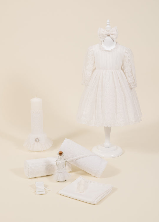 Set Botez Blanca 3 Piese, Rochita, Trusou si Lumanare Personalizat Botez AnneBebe
