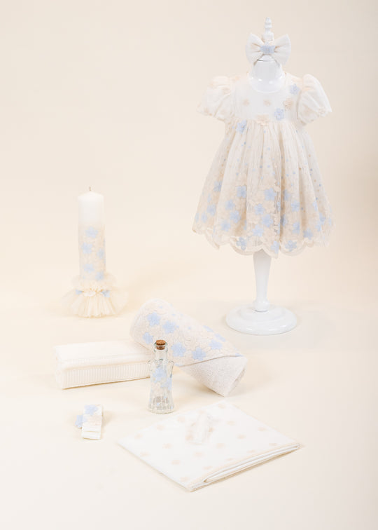 Set Botez Francesca 3 Piese, Rochita, Trusou si Lumanare Personalizat Botez AnneBebe