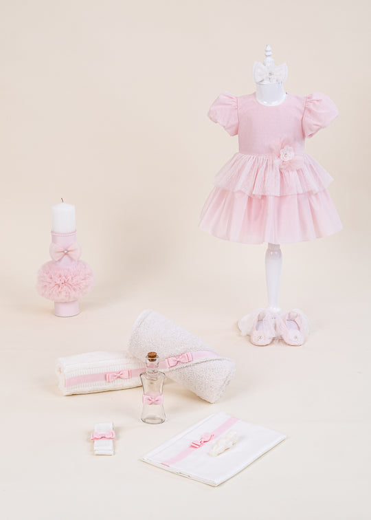 Set Botez Franci 3 Piese cu Rochita, Trusou si Lumanare Personalizat pentru Fete – Franci | AnneBebe