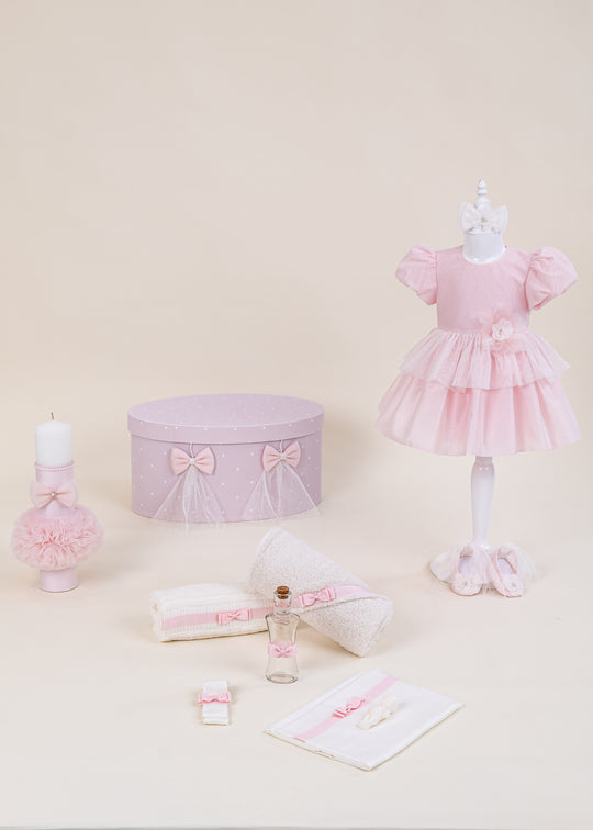 Set Botez Franci 4 Piese cu Rochita, Trusou, Lumanare si Cufar Personalizat pentru Fete – Franci | AnneBebe