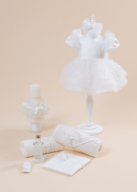 Aisha Baptism Set 3 Pieces, Dress, Trouser and Personalized AnneBebe Candle