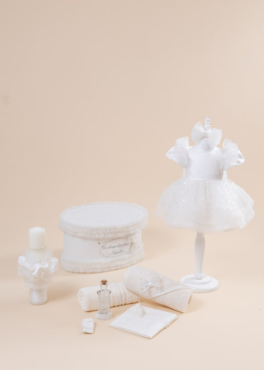 Aisha Baptism Set 4 Pieces, Dress, Trouser, Candle and Personalized Chest AnneBebe