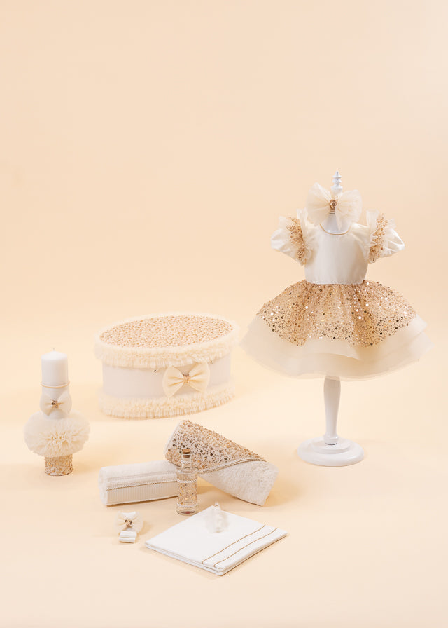 Roxana Baptism Set 4 Pieces, Dress, Suit, Candle and Personalized Chest AnneBebe