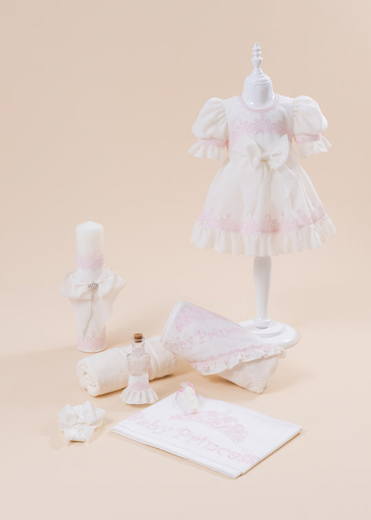 Set Botez Diana Baby Princess 3 Piese, Rochita, Trusou si Lumanare Personalizat AnneBebe