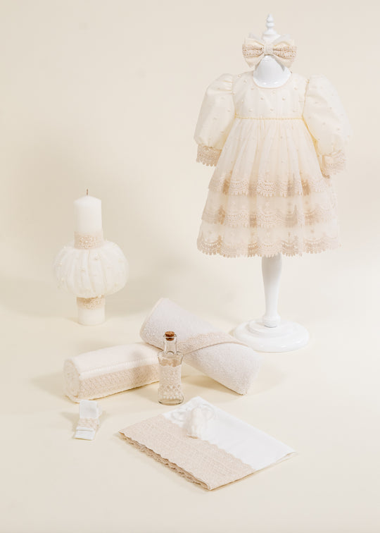 Set Botez Rachel 3 Piese, Rochita, Trusou si Lumanare Personalizat Botez AnneBebe