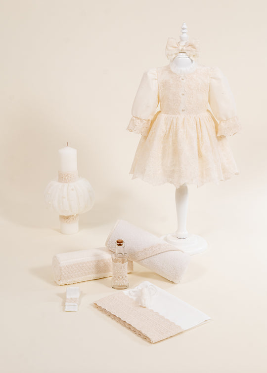 Set Botez Eda 3 Piese, Rochita, Trusou si Lumanare Personalizat Botez AnneBebe