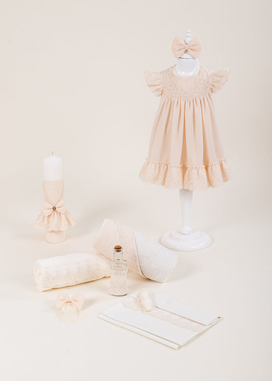 Set Botez Amelia 3 Piese, Rochita, Trusou si Lumanare Personalizat Botez AnneBebe