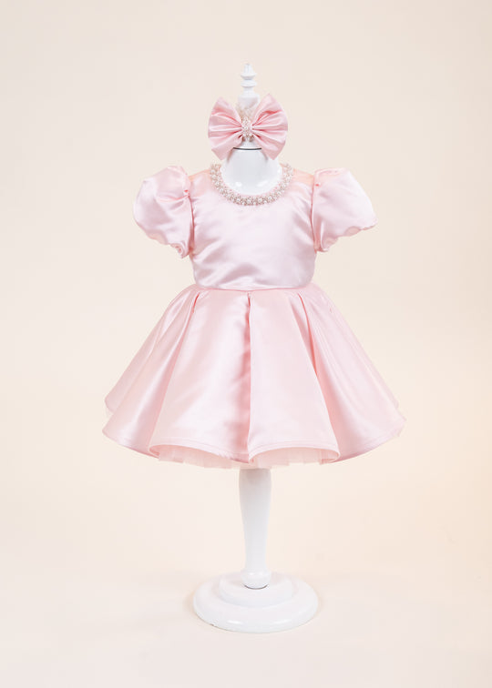 Rochita Catalina Satin Roz Cu Perle La Gat AnneBebe