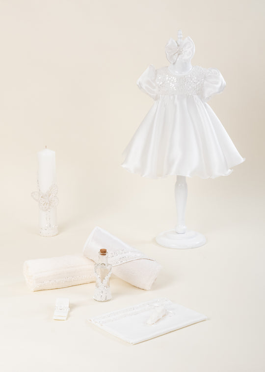 Olga Christening Set 3 Pieces Dress Christening Kit and Candle Personalized AnneBebe Christening