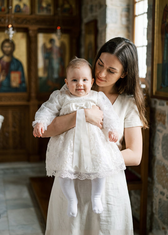 Rochita de Botez Crem din Tull Brodat cu Paiete pentru Fetite – Madalina | AnneBebe