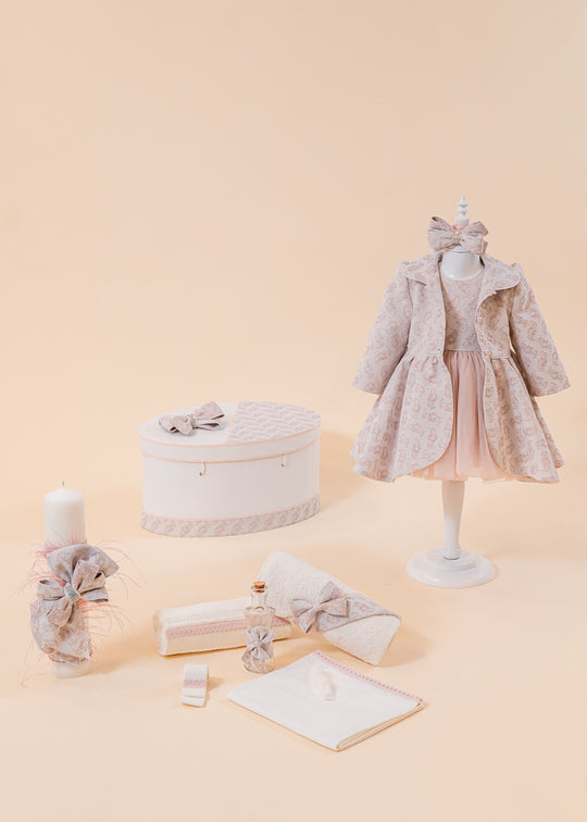 Melania 4 Piece Baptism Set, Dress, Trunk, Candle and Personalized Baptism Chest AnneBebe
