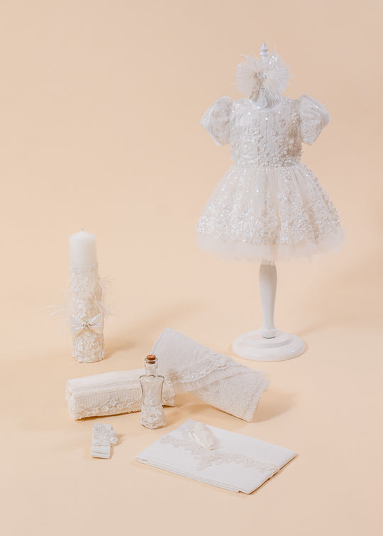 Set Botez Amira 3 Piese  Rochie, Trusou si Lumanare Personalizat Botez AnneBebe