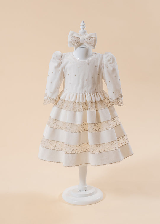 Natalia Dress Cream Velvet With Lace Stripes AnneBebe