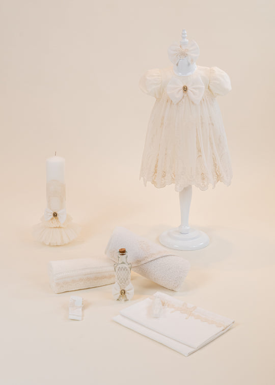 Set Botez Georgia 3 Piese, Rochita, Trusou si Lumanare Personalizat Botez AnneBebe