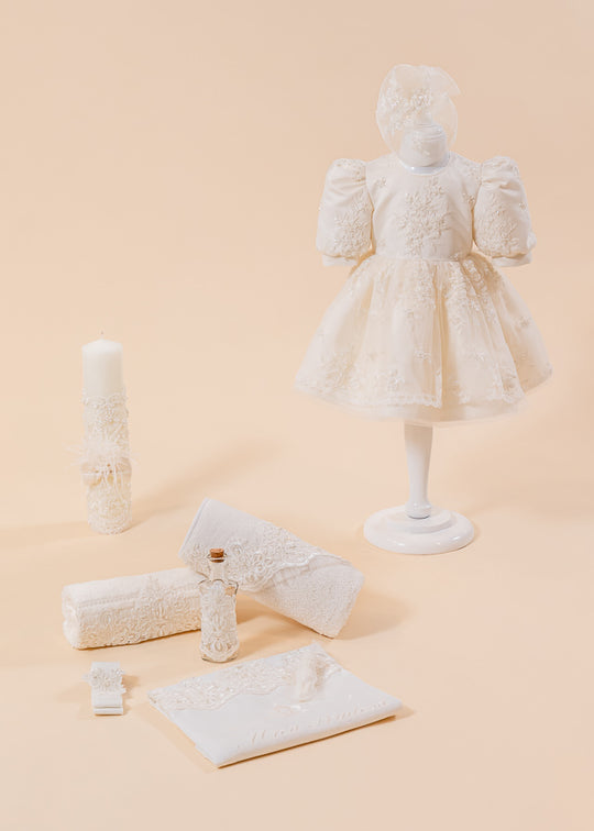 Anais 3 Piece Baptism Set, Dress, Trunk and Candle Personalized Baptism AnneBebe