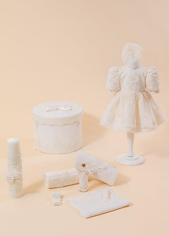 Anais Baptism Set 4 Pieces, Dress, Trunk, Candle and Personalized Baptism Chest AnneBebe