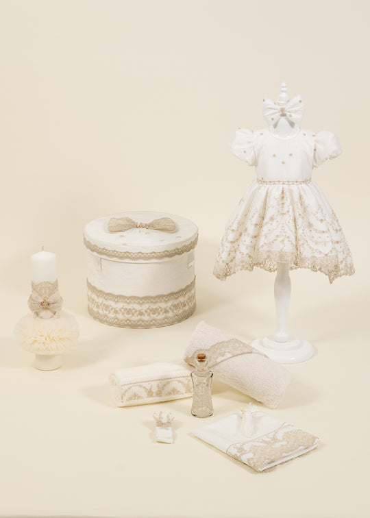 Baptism Set Isaura 4 Pieces Dress Christening Kit Candle and Personalized Chest AnneBebe Baptism