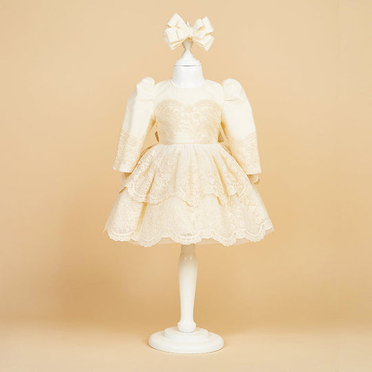 AnneBebe Elegant Cappuccino Lace Dress with Two Ruffles