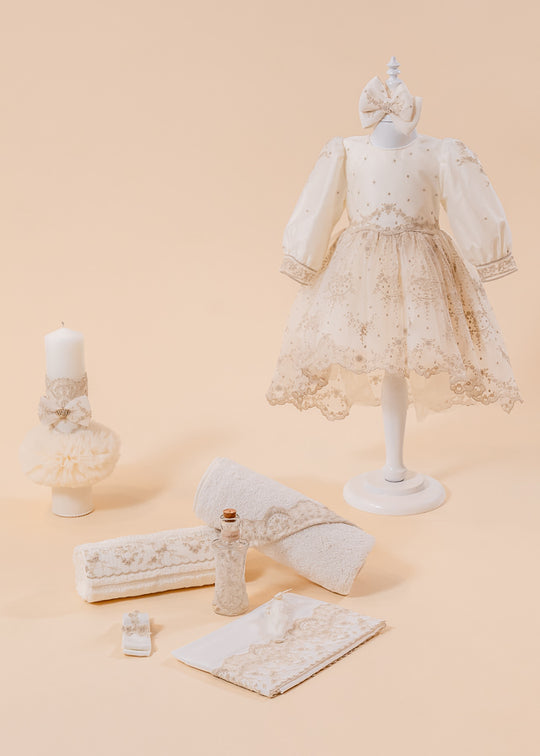 Baptism Set Sandra 3 Pieces Dress, Trouser and Candle Personalized Baptism AnneBebe
