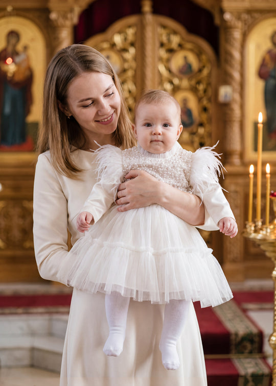 Rochita de Botez Crem cu Bust cu Perle si Fulgi pentru Fetite – Lizzie | AnneBebe