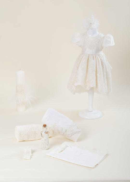 Kelly Christening Set 3 Pieces Dress, Christening Set, and Personalized Christening Candle AnneBebe