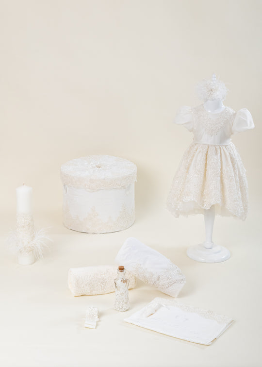 Kelly Christening Set 4 Pieces Dress Christening Kit Candle and Personalized AnneBebe Christening Chest