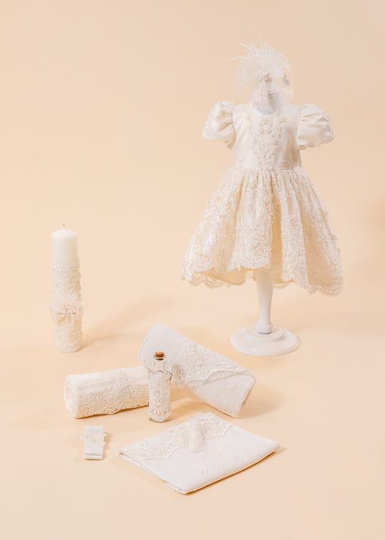 Zoe Baptism Set 3 Pieces Dress, Trouser and Candle Personalized Baptism AnneBebe
