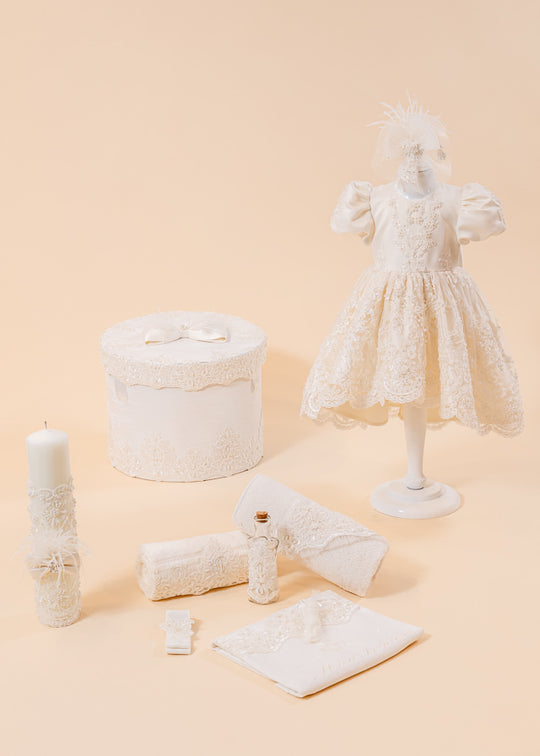 Zoe Baptism Set 4 Pieces Dress, Trouser, Candle and Personalized Baptism Chest AnneBebe