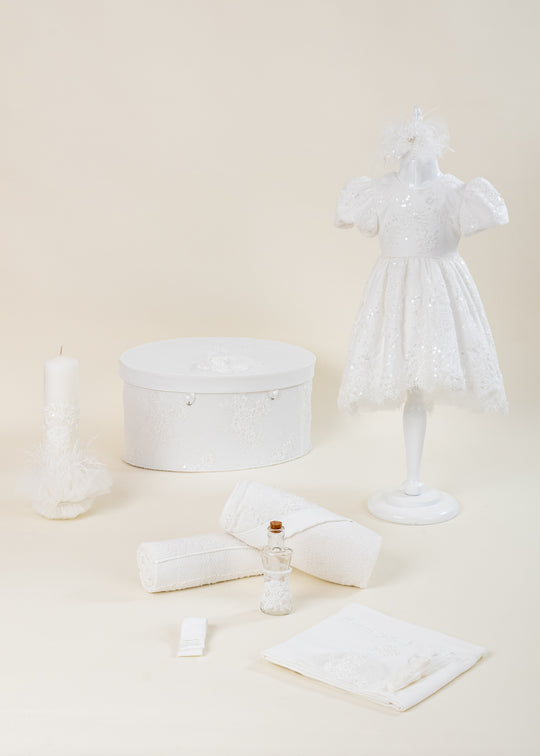 Xenia Christening Set 4 Pieces Dress Christening Kit Candle and Personalized Chest AnneBebe