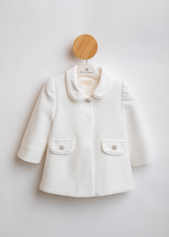 AnneBebe Striped Cream Coat with Pearl Embellishments at Pockets